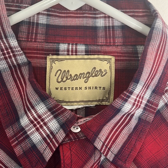 Men’s Wrangler red and white plaid pearl snap long sleeve shirt with pockets XL - Picture 4 of 10
